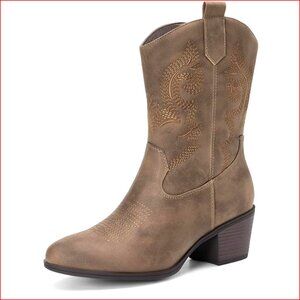 Faux Leather Cowboy Boots with Embroidery, Mid-Calf, Chunky Low Heel